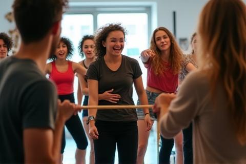 Group of students participating enthusiastically in an acting exercise.