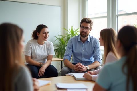 Students interacting with the instructor in a bright acting classroom.