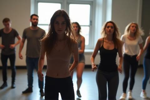 Students exploring expressive movement during a class.