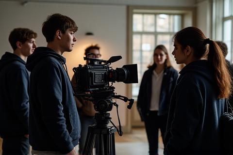 Students learning about camera angles and framing in a film acting workshop.