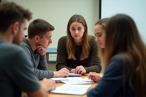 Students in a group discussion about a script.