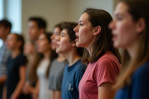 Students practicing vocal exercises in a group setting.