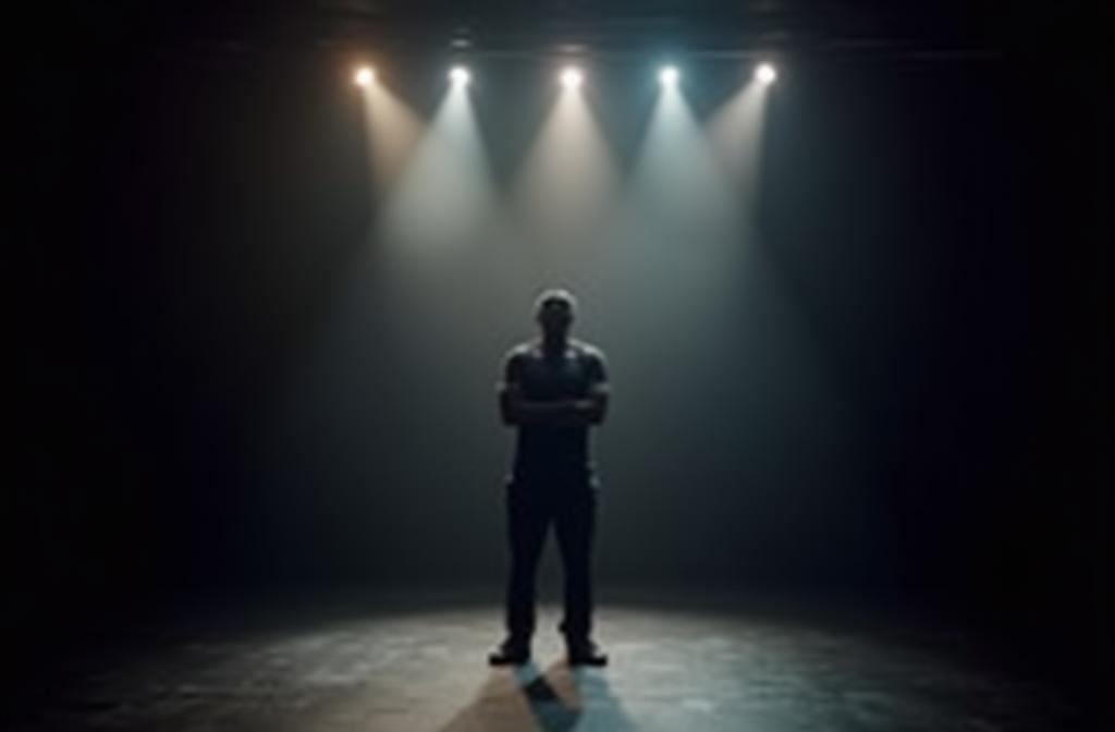 Actor standing confidently under stage lights, representing potential and performance.