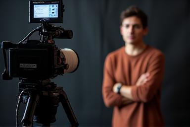 Student acting in front of a film camera.