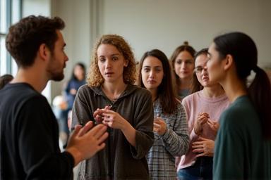 Students practicing foundational acting techniques.